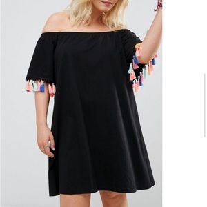 Asos Curve off the shoulder black dress with multi coloured tassels.